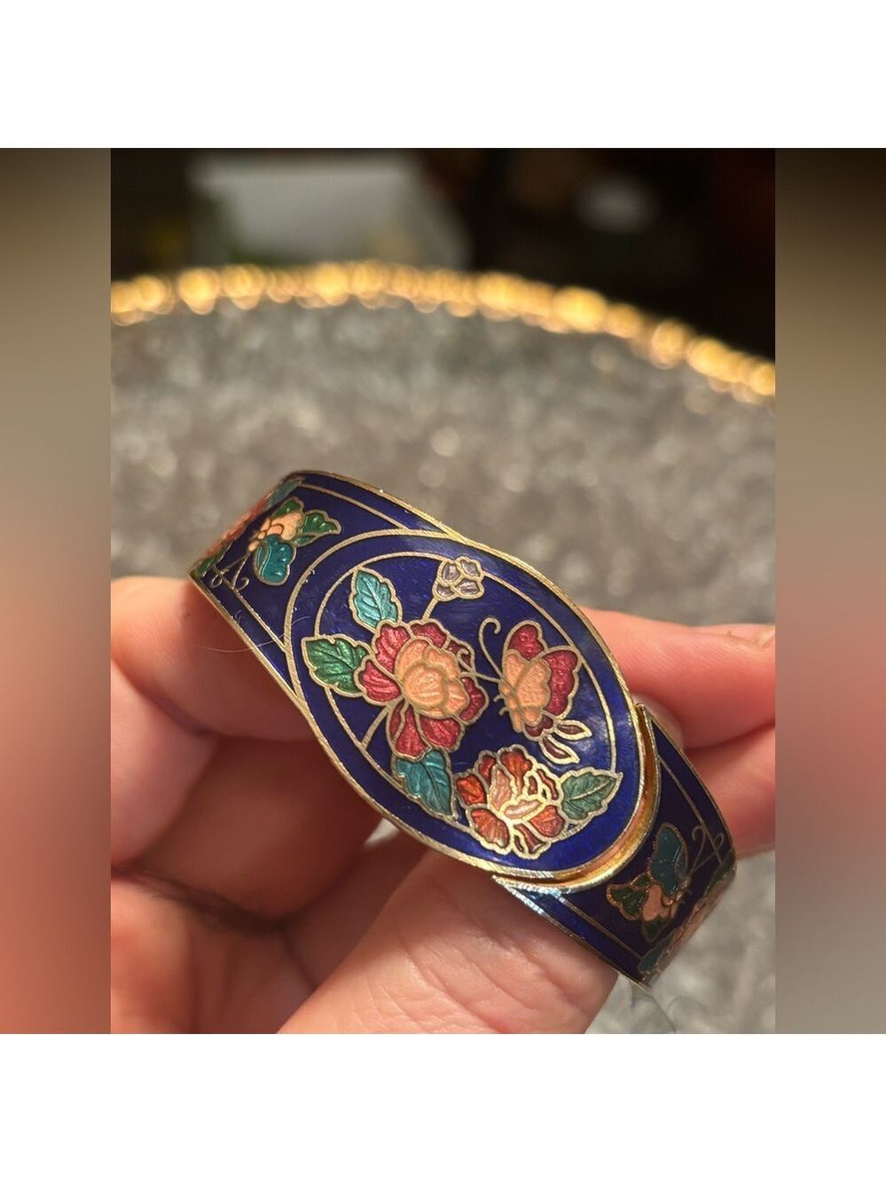 RARE Vintage Cloisonné Enamel Floral & 🦋 Cuff Bracelet • Hand-Inlaid Artistry